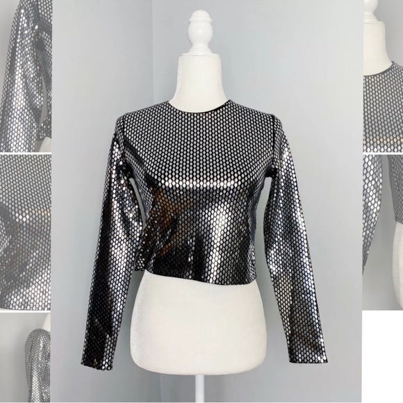 NWT Zara Woman Honeycomb Sweater Metallic Silver Shiny Black Top Size S Small - Picture 3 of 11